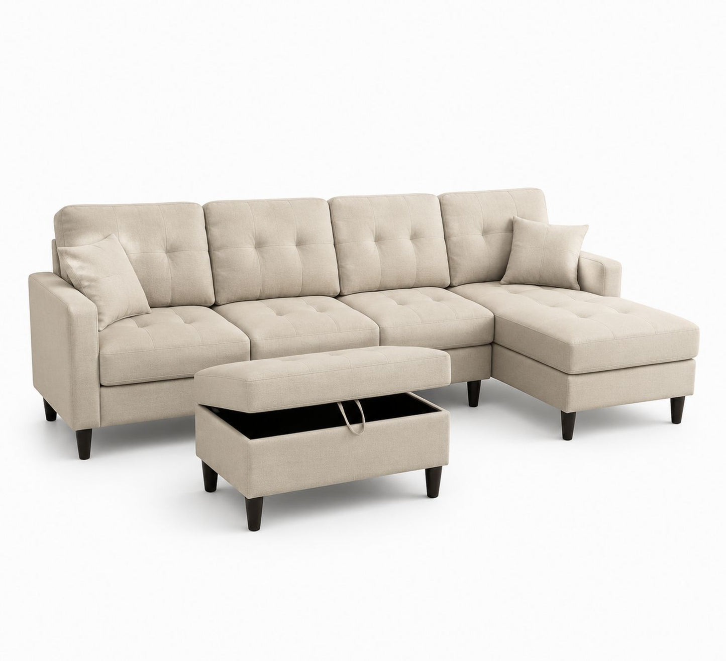 Beżowa sofa narożna z tkaniny z pufem i schowkiem