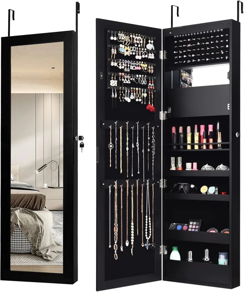 COSTWAY Szafka na Biżuterię z Lustrem Pełnometrażowym i Makeup Mirror, Organizer na Pierścionki i Biżuterię, Czarna