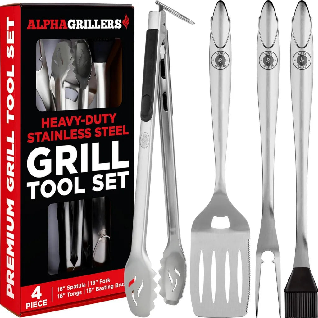 Zestaw profesjonalnych akcesoriów do grillowania Alpha Grillers - 4-częściowy zestaw narzędzi z szpatułką, widelcem, szczotką i szczypcami, idealny dla miłośników grillowania
