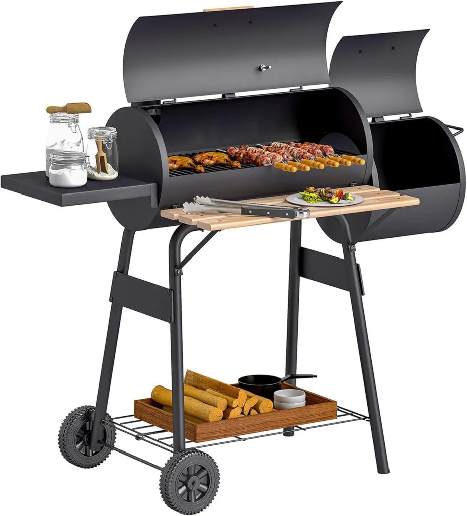 Grill węglowy Outsunny z wędzarnią i półkami, z termometrem, idealny na ogród, kemping i piknik, czarny