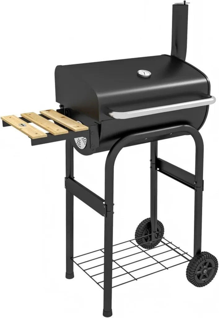 Przenośny grill węglowy z kółkami i półką, idealny na imprezy i do ogrodu