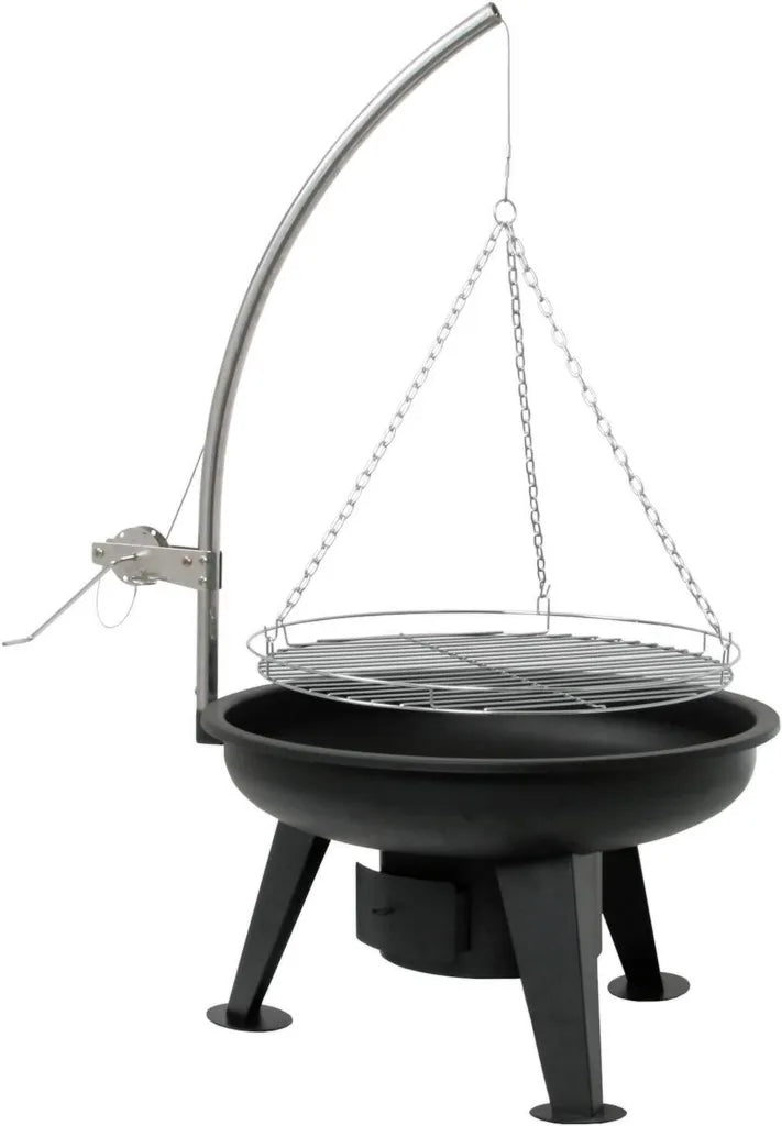 Grill węglowy ze statywem, 64 cm, ruszt i korba, czarny, stojący