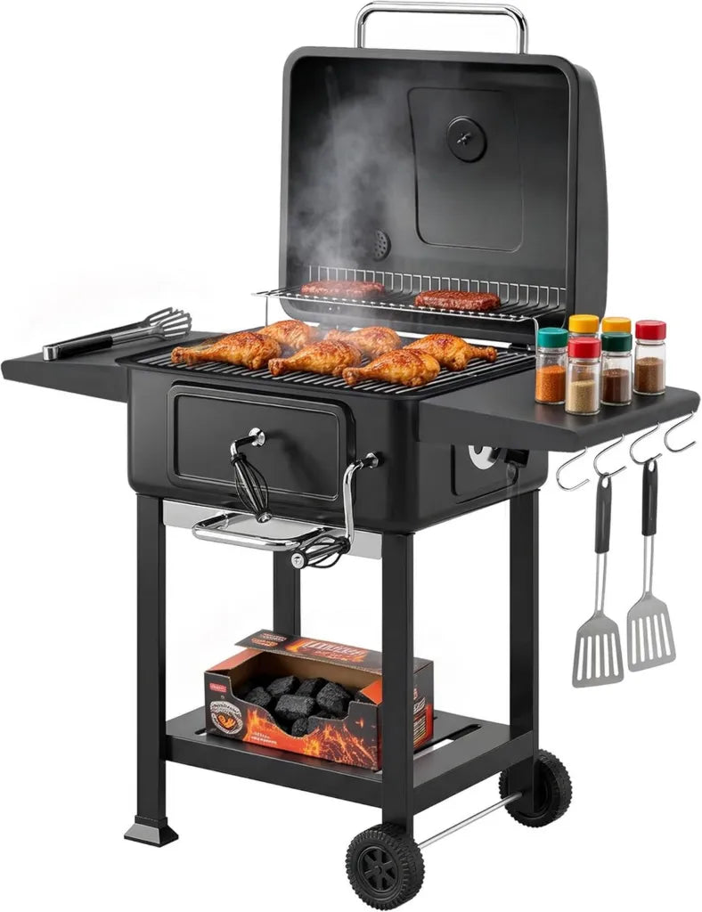 Grill węglowy wielofunkcyjny z pokrywą i termometrem do ogrodu