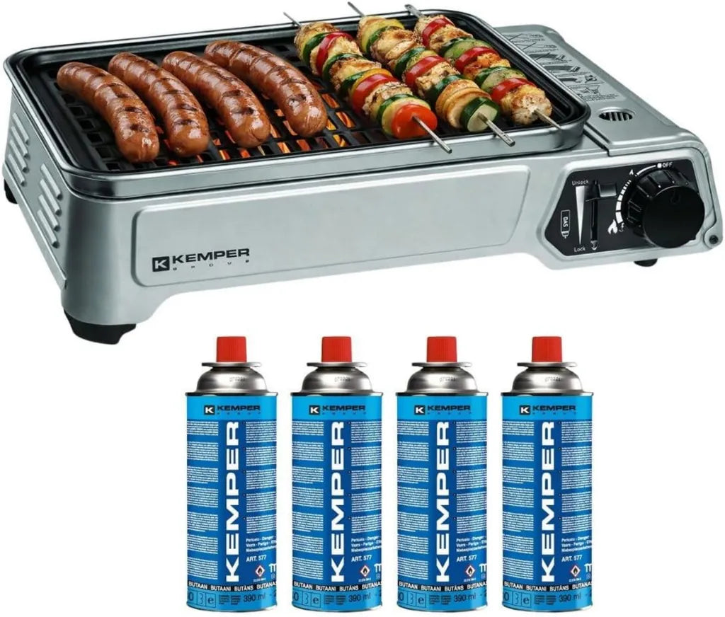 Grill gazowy kempingowy Kemper 1,9 kW z powłoką nieprzywierającą i 4 wkłady gazowe