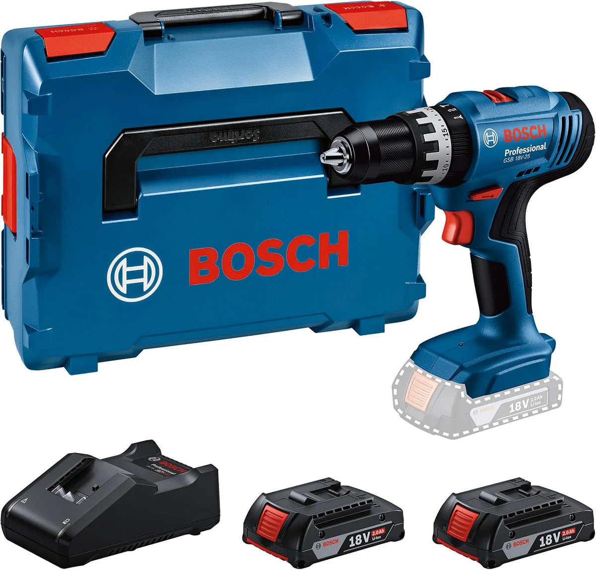 Bosch Professional 18V System Akumulatorowa wiertarko-wkrętarka udarowa GSB 18V-25 maks. Ø, akumulatorowy, zasilanie akumulatorowe, 10 mm, 2,0 Ah