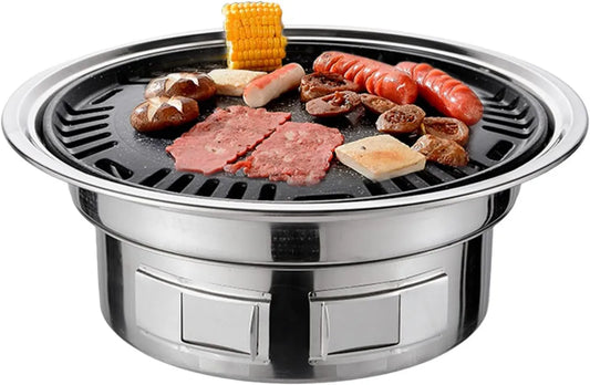 Przenośny koreański grill na węgiel drzewny 33 cm, wielofunkcyjny okrągły grill kempingowy z wędzarnią i siatką, idealny na pikniki i plażę