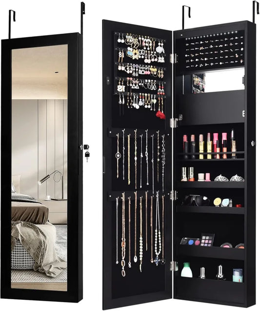 COSTWAY Szafka na Biżuterię z Lustrem Pełnometrażowym i Makeup Mirror, Organizer na Pierścionki i Biżuterię, Czarna