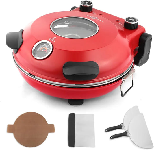 Elektryczny piec do pizzy z kamieniem ceramicznym 31 cm i regulacją temperatury, zestaw z 4 akcesoriami, czerwony