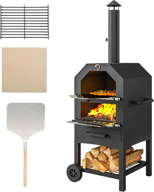 Outsunny Wielofunkcyjny Piec do Pizzy na Zewnątrz z Kamieniem i Termometrem