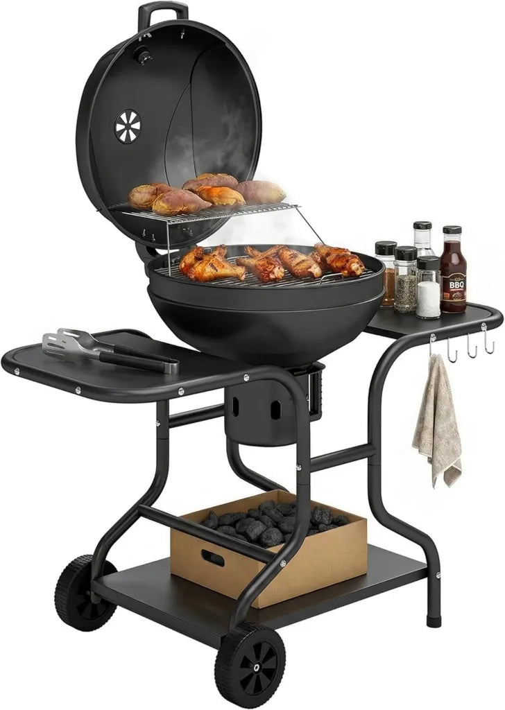 Grill węglowy Outsunny z półkami bocznymi i termometrem