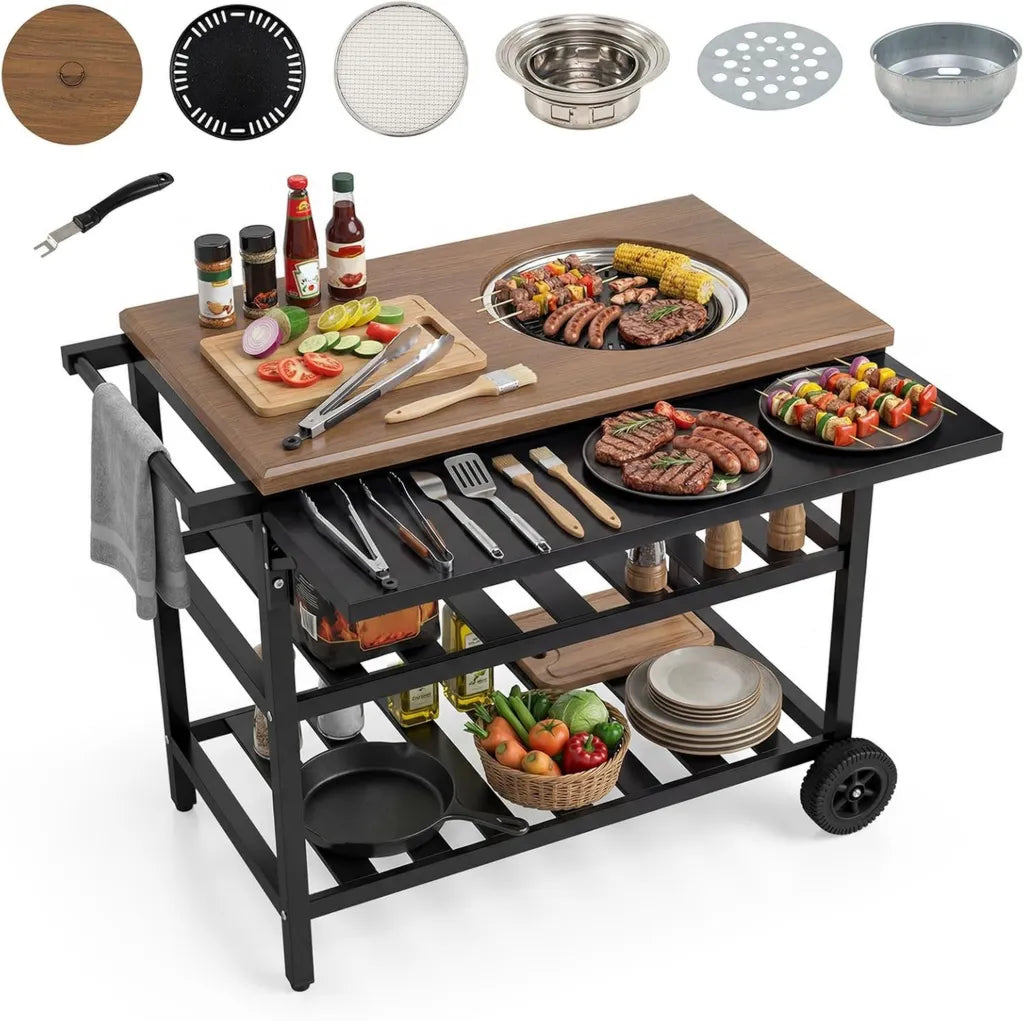 Przenośny grill ogrodowy COSTWAY z półkami i składanym blatem, metalowy, brązowy, 94,5x75x78,5 cm