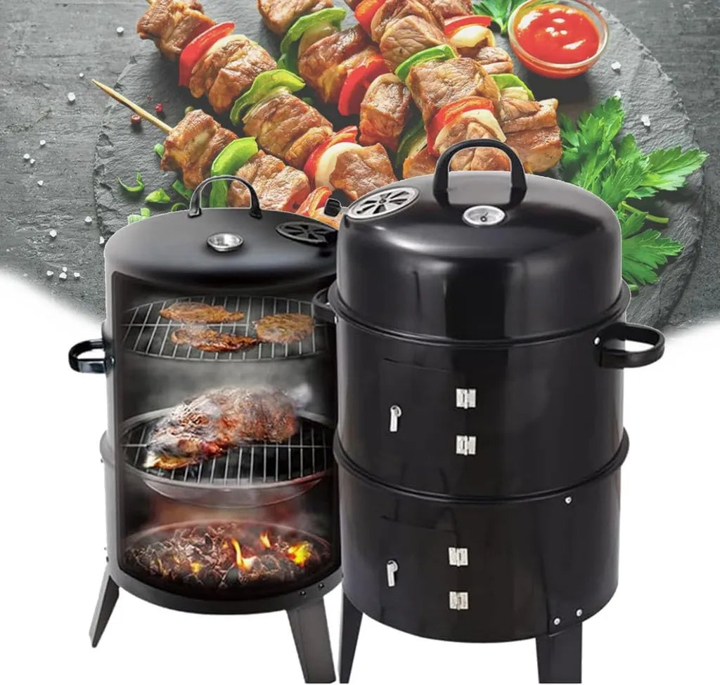 Przenośny grill BBQ ze stali nierdzewnej z termometrem i regulatorami powietrza, idealny do wędzenia mięsa, ryb i warzyw