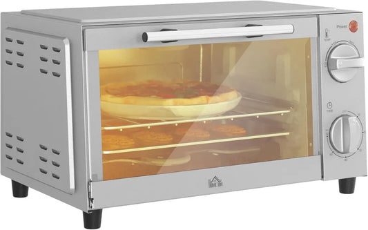Kompaktowy piekarnik HOMCOM 9 l, 750 W, zakres 100-230°C, 60-minutowy timer, z blachą i rusztem, szklane drzwiczki, oszczędność miejsca, kolor srebrny
