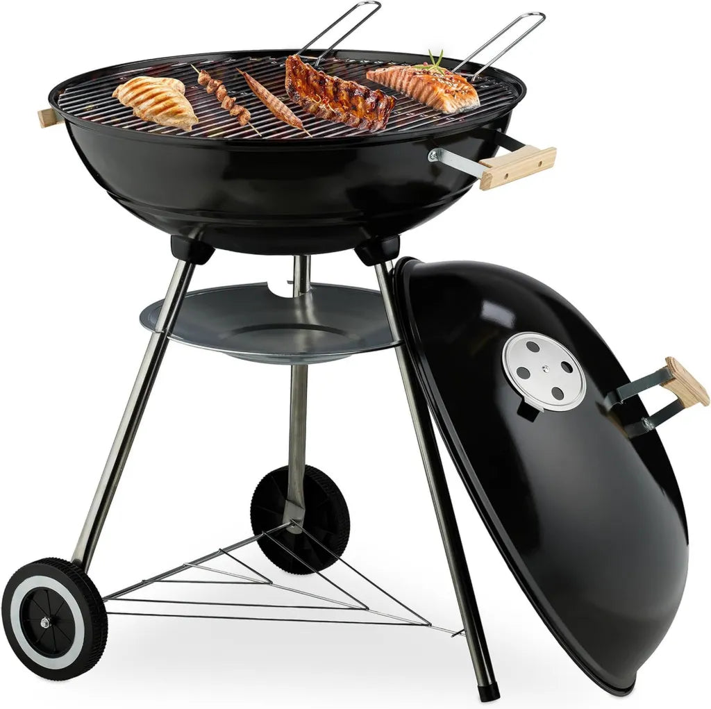 Grill węglowy kulisty 54 cm, z kółkami i popielnikiem, czarny