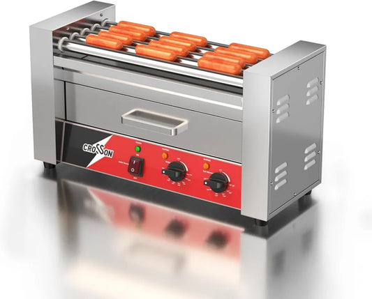 CROSSON Elektryczny grill hot dogowy, 5 rolek, podgrzewacz bułek, 12 pozycji, 1050 W, na imprezy, do domu i biznesu
