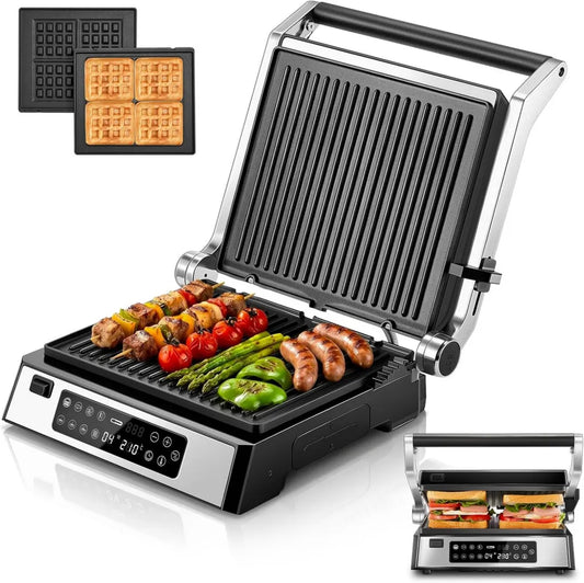 FOHERE Grill XL 4 w 1, opiekacz do kanapek, gofrownica, 2200 W, 4 płyty, powłoka nieprzywierająca, regulacja czasu i temperatury, wskaźnik LED