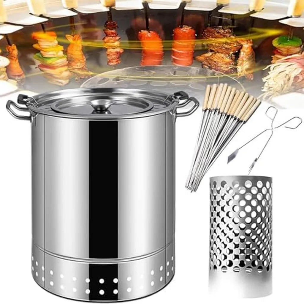 Grill węglowy bezdymny, stal nierdzewna, wędzarnia 360°, idealny na kemping
