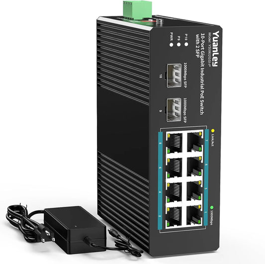 niezarządzany przełącznik PoE z zasilaczem 120 W, IEEE802.3af/at, YuanLey 10-portowy przełącznik przemysłowy z 8 portami Gigabit PoE i 2 x SFP