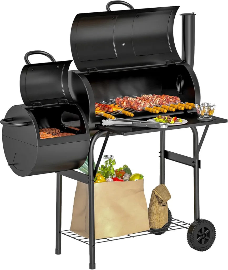Grill węglowy Outsunny z pokrywą i termometrem, mobilny wózek z regulacją powietrza, idealny na kemping i do ogrodu