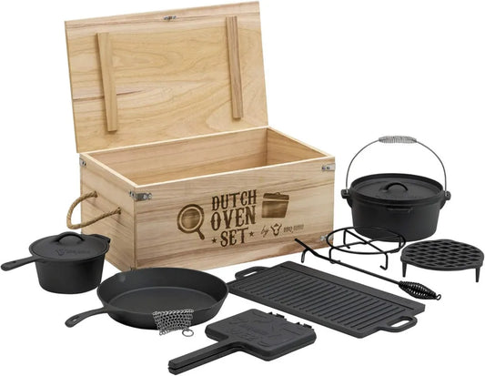 Zestaw Dutch Oven BBQ-Toro z żeliwnym garnkiem i akcesoriami w drewnianej skrzynce
