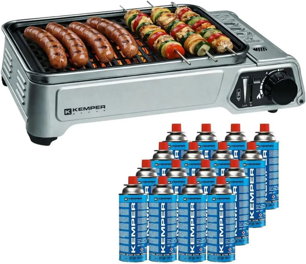Przenośny grill gazowy KEMPER 1900 W z nieprzywierającą kratką i torbą transportową, 16 wkładów butanowych z piezo