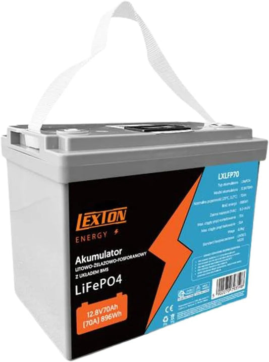 LiFePO4 Akumulator litowy LiFePO4 i akumulator solarny głębokiego rozładowania, z BMS, 70Ah, 896Wh, 12.8V, z Bluetooth, na kemping i do kampera