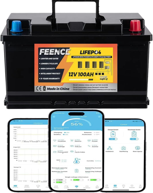 LiFePO4 Akumulator litowy LiFePO4 i akumulator solarny głębokiego rozładowania, 100Ah, 12V, z BMS, na kemping i do kampera