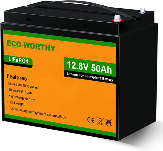 ECO-WORTHY LiFePO4 Akumulator litowy LiFePO4 i akumulator solarny głębokiego rozładowania, 50 Ah, 12,8 V, z BMS