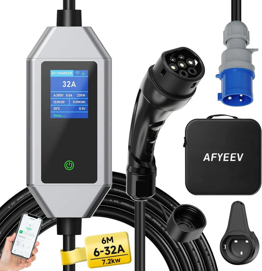 Kabel ładowania Typ 2 do samochodu elektrycznego i przewód EV Mode 3, 7,2 kW, sterowanie aplikacją, wtyczka Schuko, 32 A, 6 m
