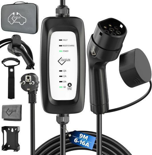 Kabel do ładowania typu 2 Schuko do samochodów elektrycznych, 3,6 kW, 4 stopnie ładowania, 9 m