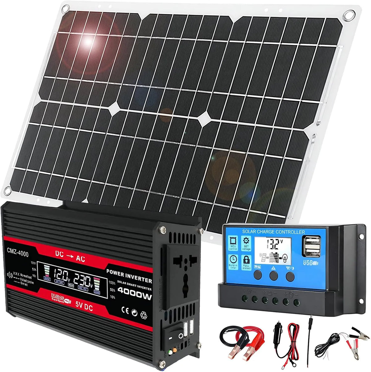 Kompletny system solarny Off-Grid, Black, Panel 18 W 12 V + Inwerter 4000 W z kontrolerem 30 A do kampera/kempingu