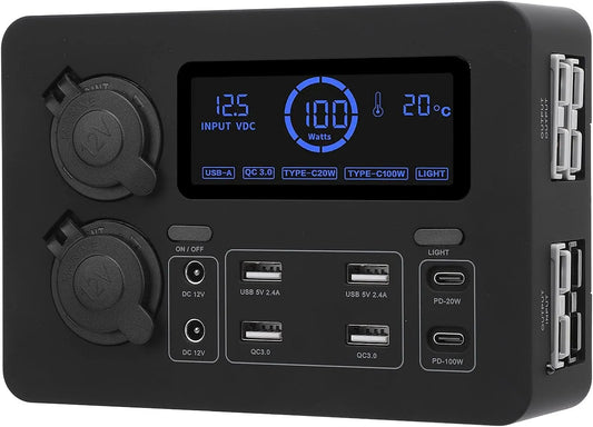 Mini Skrzynka Rozdzielcza Zasilania ABS z Wyświetlaczem LCD, USB C PD i QC3.0, 4 Porty Anderson 50 A, Drfeify Mini Zasilacz 12 V