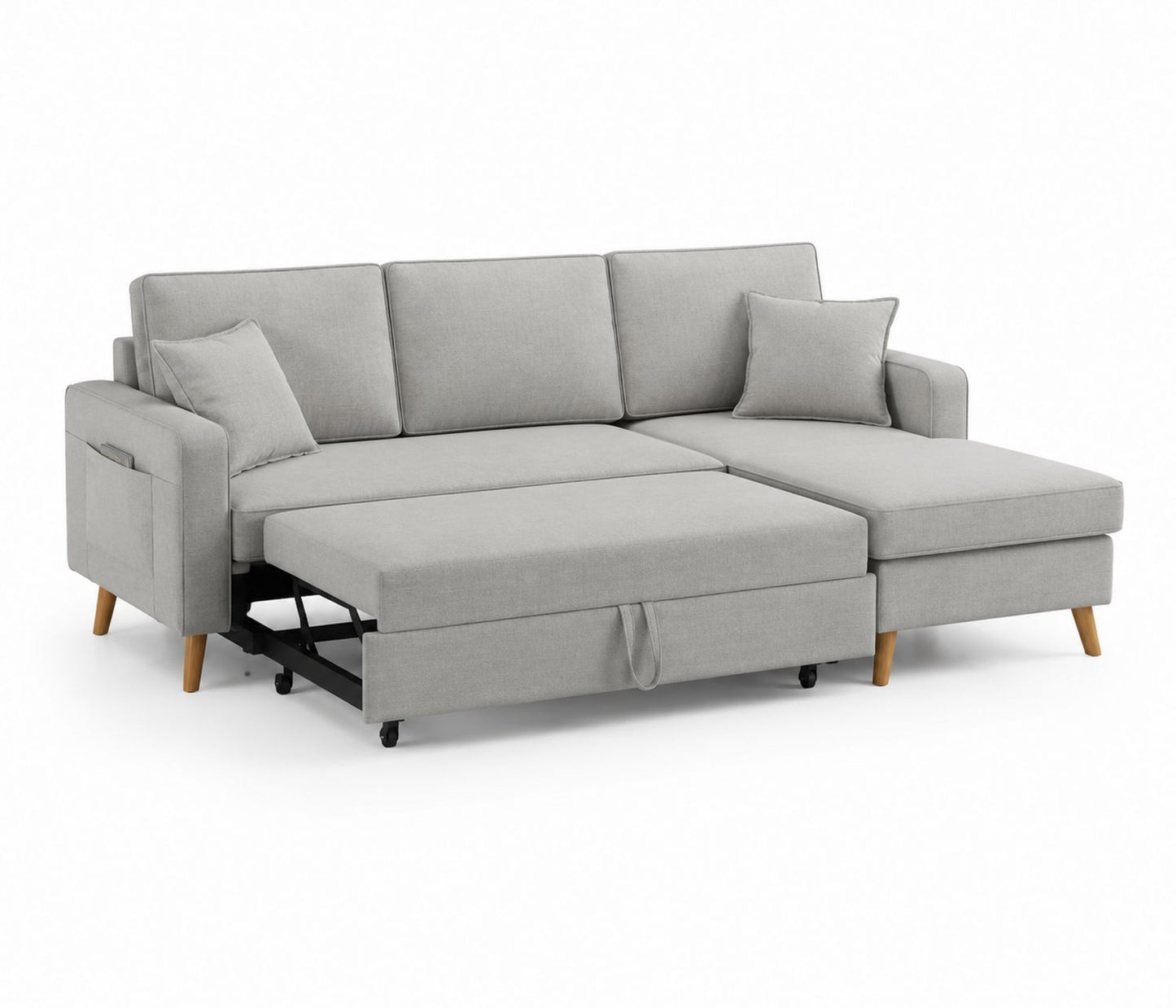 Sofa narożna z funkcją spania, drewno bukowe, poliester, szara
