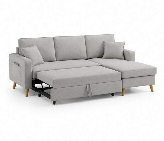Sofa narożna z funkcją spania, drewno bukowe, poliester, szara