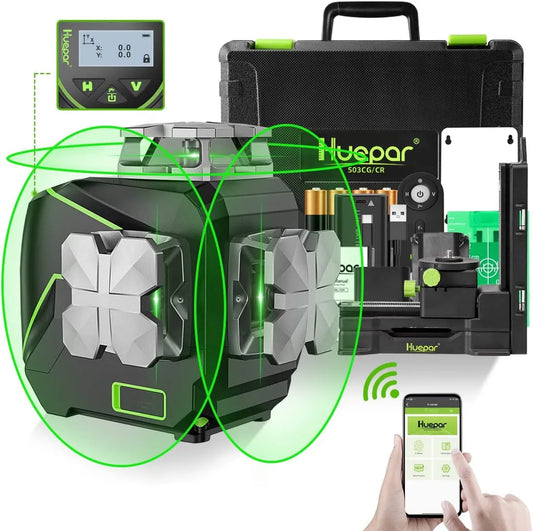 Huepar 12 linii Samopoziomujący poziom lasera 3D z ekranem LCD – S03CG-C, technologia 3D/4D, obrotowy, łączność Bluetooth, zielony