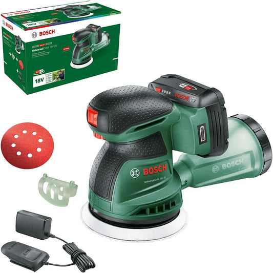Bosch Szlifierka mimośrodowa – akumulatorowy, z drewna, zasilanie akumulatorowe, 125 mm, 18V, 2,0 Ah, do obróbki drewna