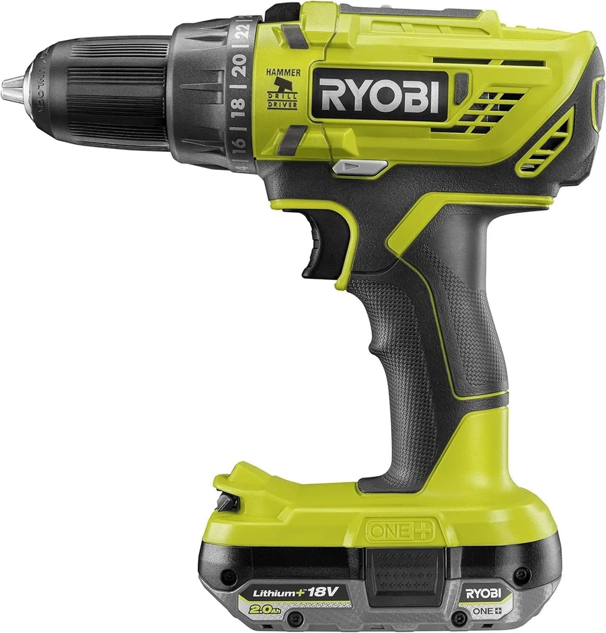 Ryobi Wiertarko-Wkrętarka R18PD32- Wiertarko-Wkrętarka Udarowa 18V, R18PD32-1C20G, zasilanie akumulatorowe, 13 mm, 50 Nm, 2.0 Ah