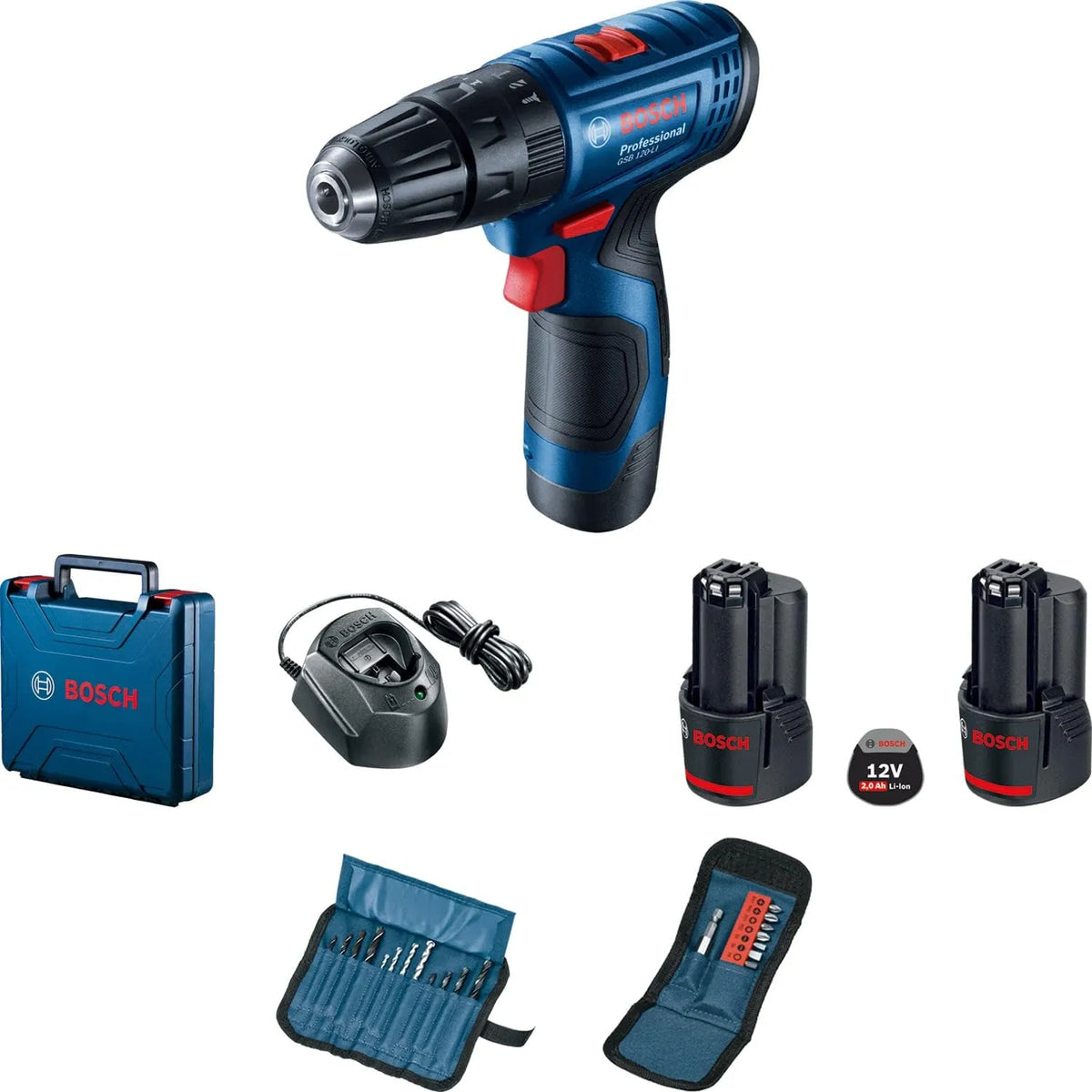 Bosch GSB 120 Professional system 12V – akumulatorowy, zasilanie akumulatorowe, do użytku profesjonalnego, 23-częściowy, 2.0Ah