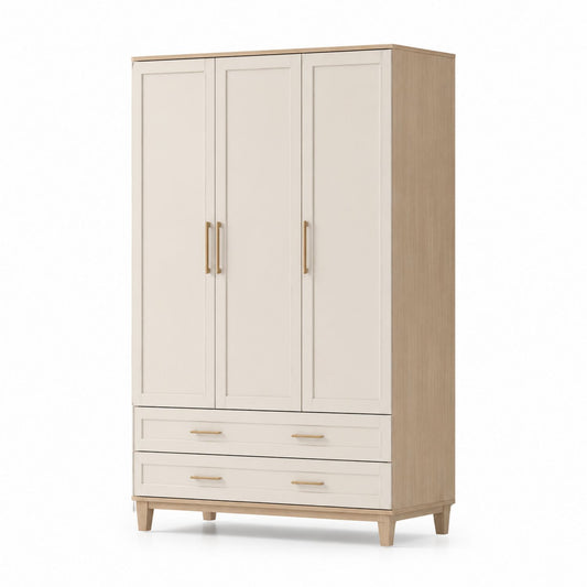 Szafa trzydrzwiowa z drewna bukowego i MDF beżowa 180x120x56 cm